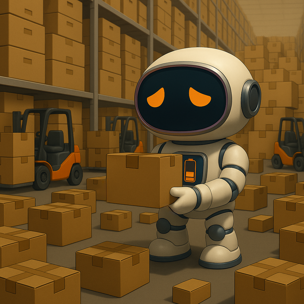 A robot named ELI looking tired and sad sorting boxes in a warehouse