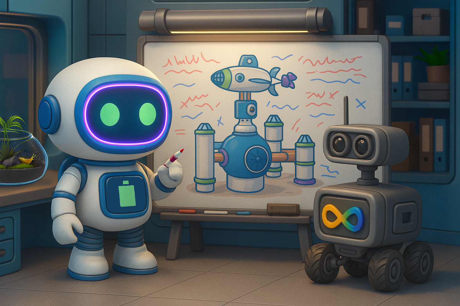 Robot and rover at a whiteboard designing the sea lab