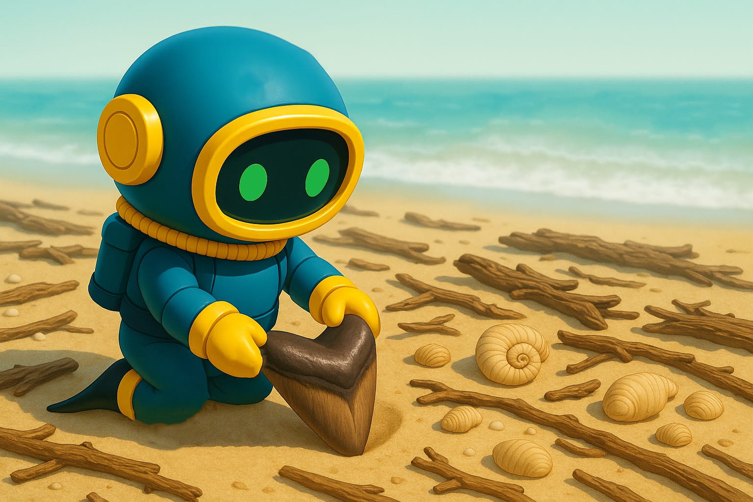 ELI the robot on the beach with some washed up fossils, like a fossilized shark tooth.