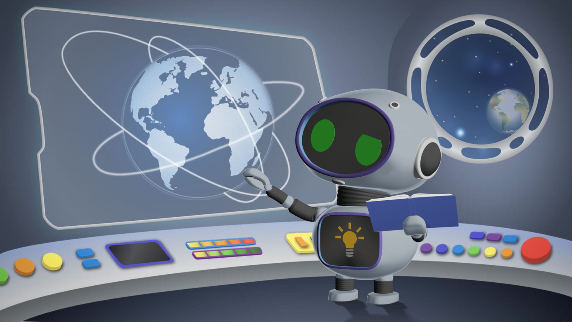 ELI stands inside its space station. Above the control panel, a glowing holographic screen displays Earth and different orbit paths.