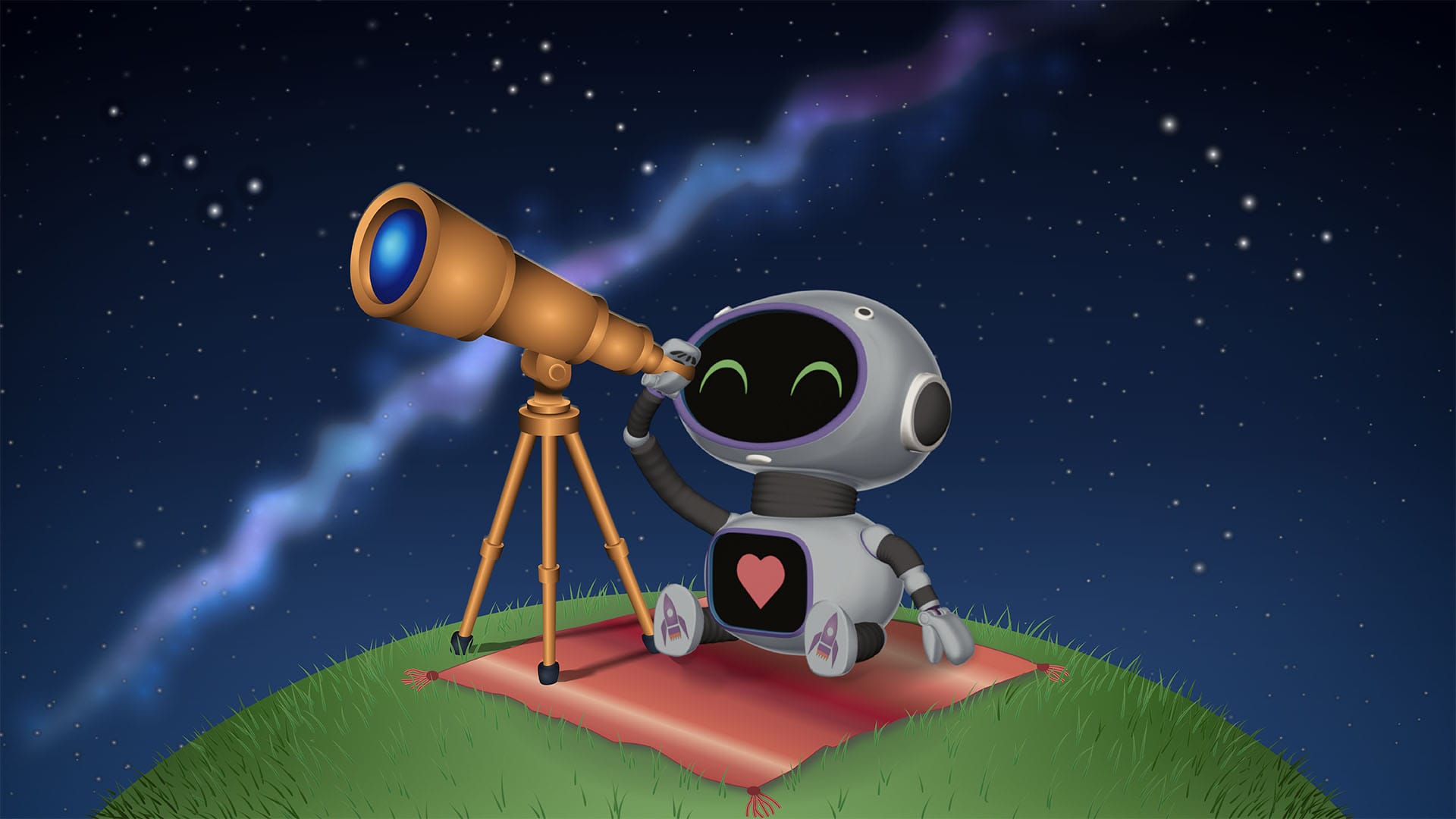 ELI sits on a grassy hill at night, looking through a telescope. Stars sparkle across the sky and there is a soft purple-blue nebula behind.