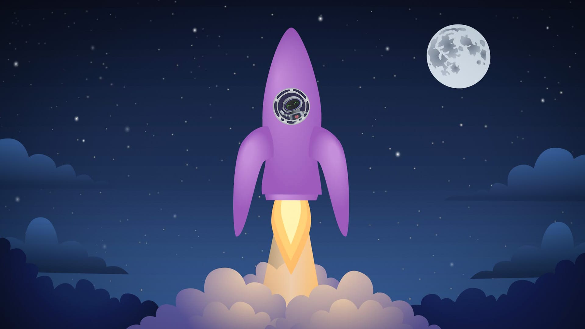A purple rocket launches into the night sky. ELI can be seen waving through the window. Bright yellow flames come out of the rocket, and are surrounded by soft white clouds.
