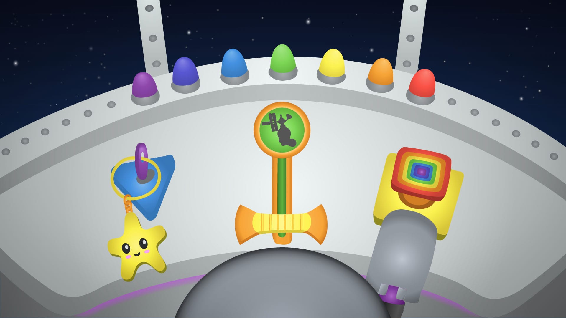 A view from inside ELI's rocket cockpit shows colorful buttons and levers. ELI's head is visible at the bottom of the frame and it is reaching out to push the GO button in the control panel.