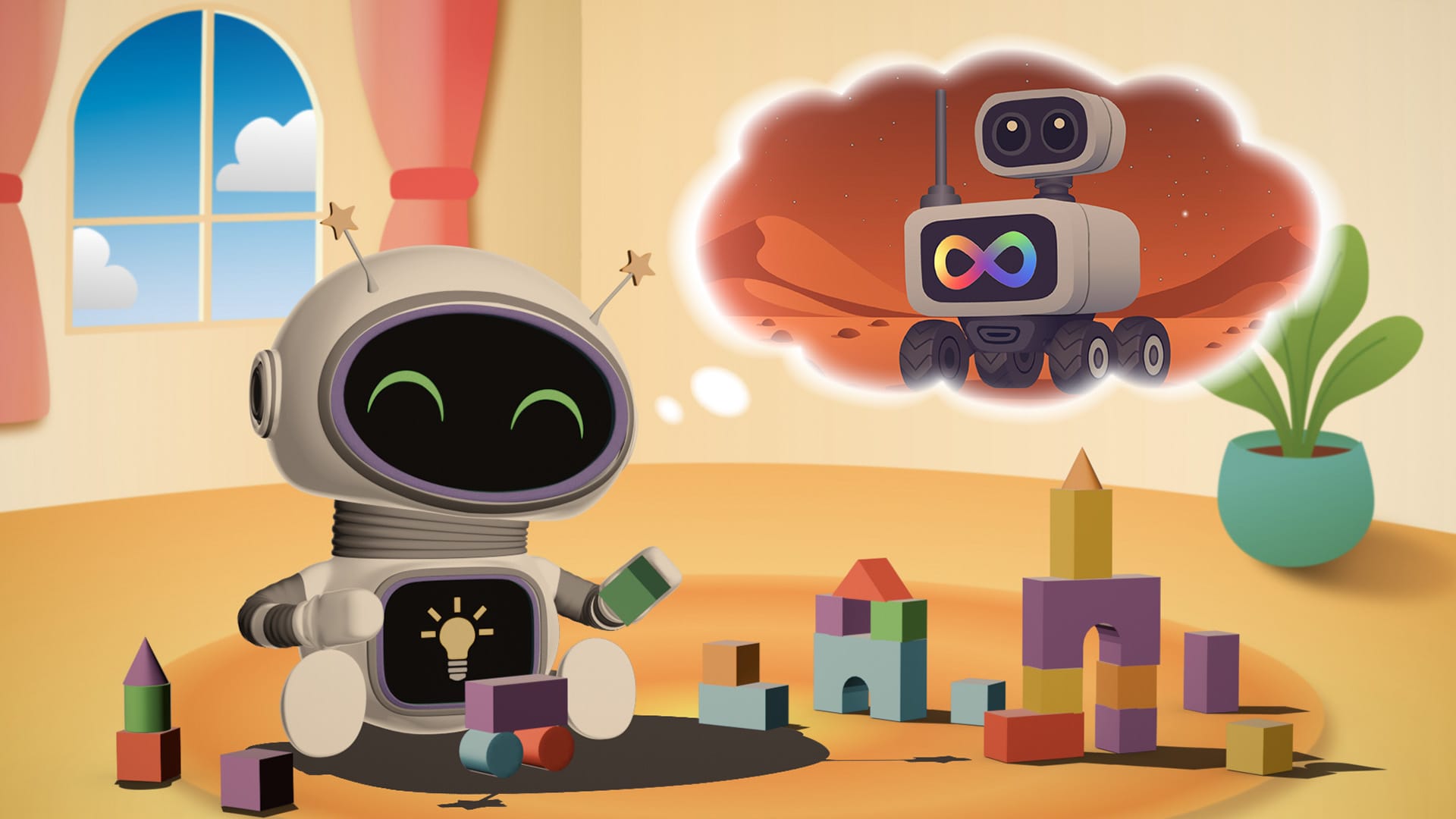 ELI sits on the floor playing with colorful blocks. Above its head, a thought bubble shows a Mars rover on a red Martian landscape, revealing ELI's dream of exploring Mars.
