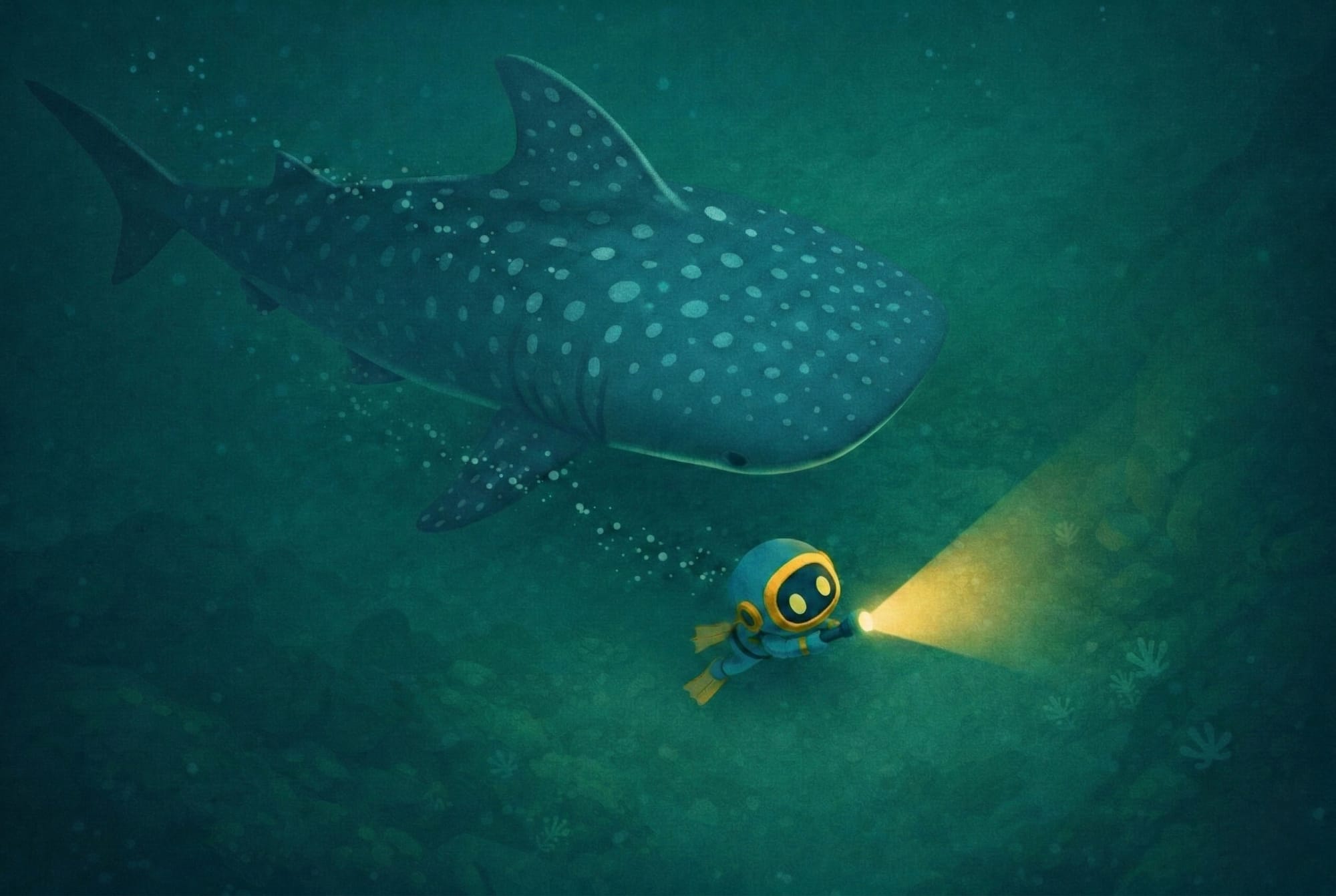 ELI swimming alongside a whale shark, the largest fish in the ocean.