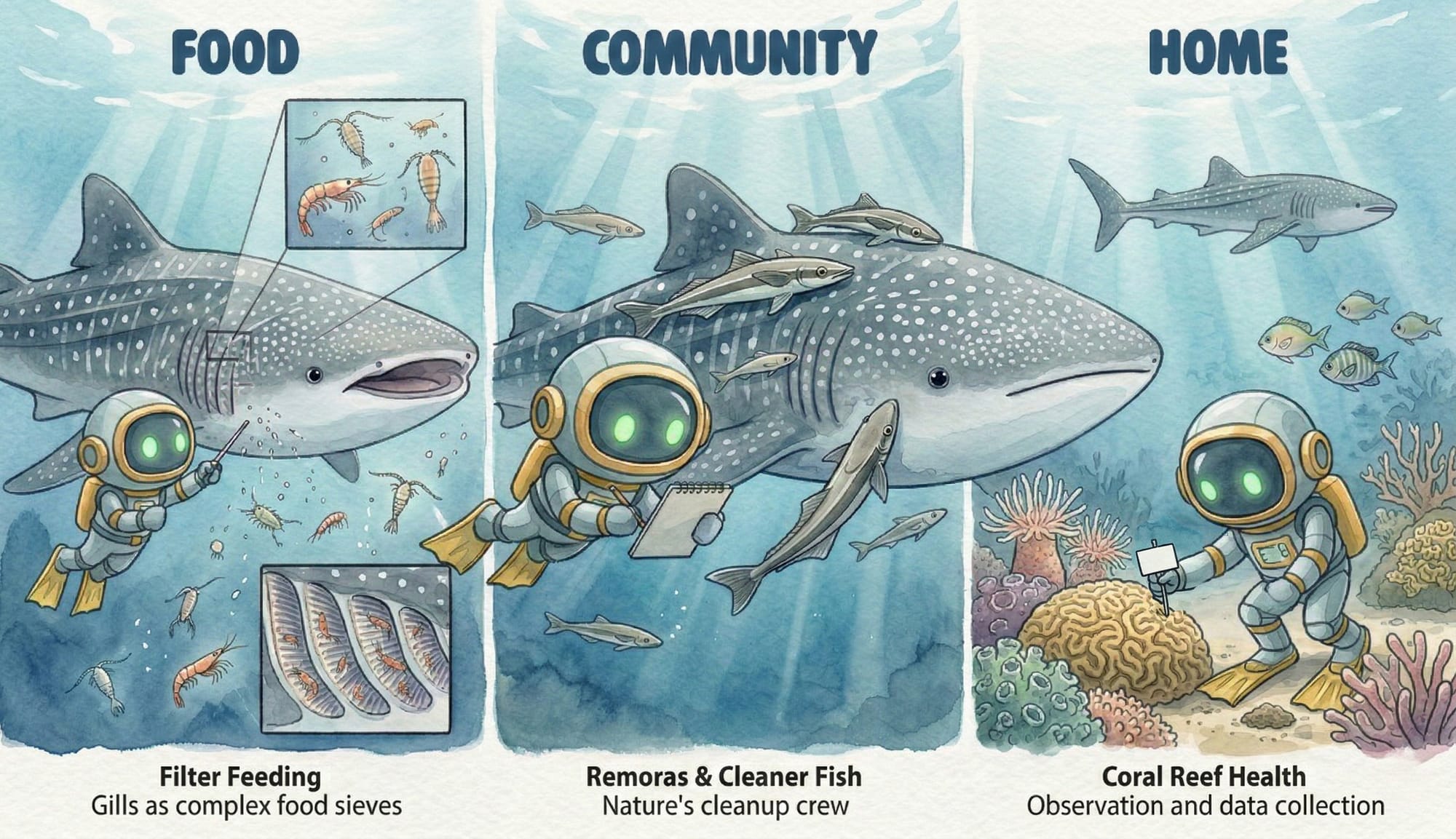 Infographic of what whale sharks eat and how they fit into the reef community.