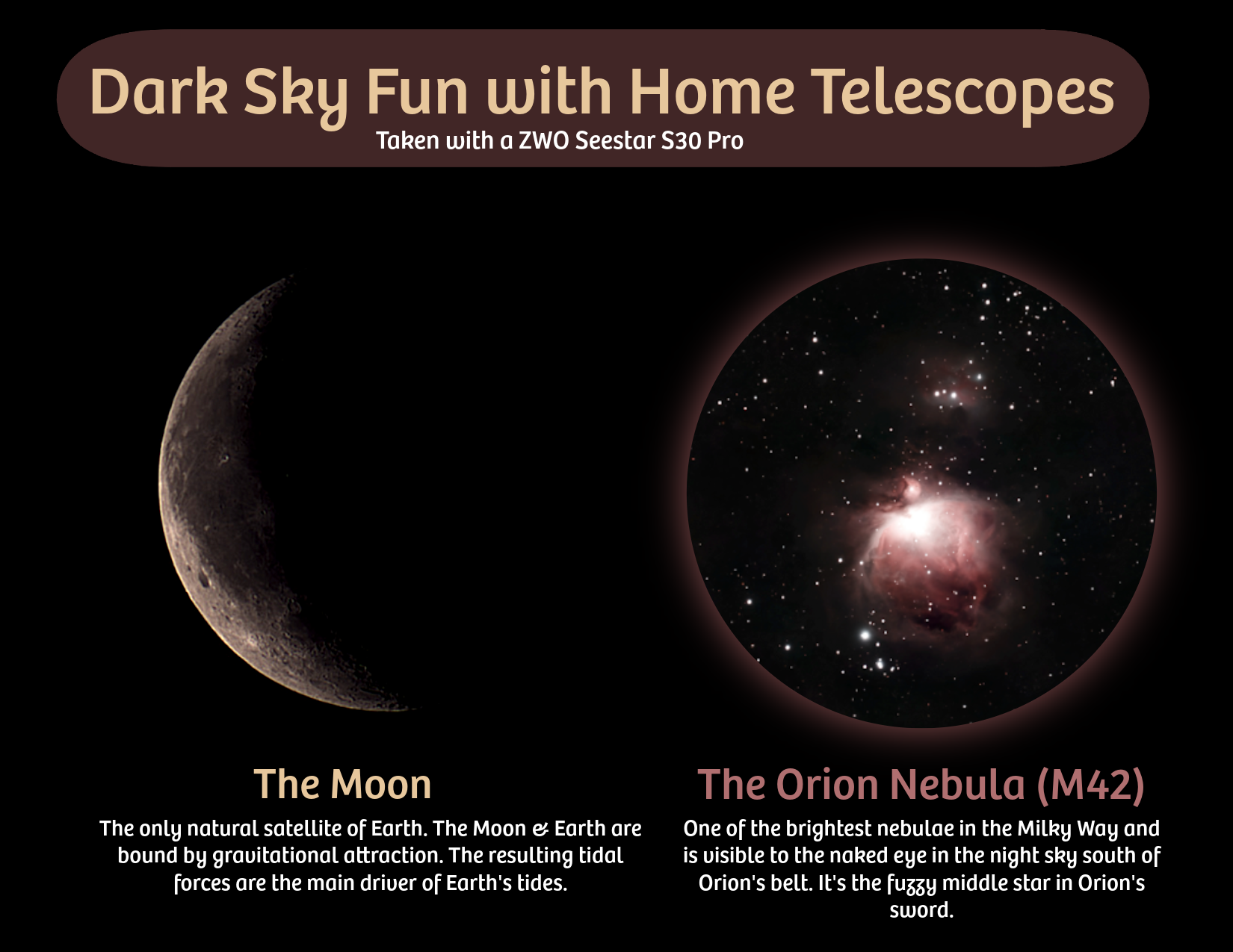 Home telescope imagery of the Moon and the Orion Nebula (M42)