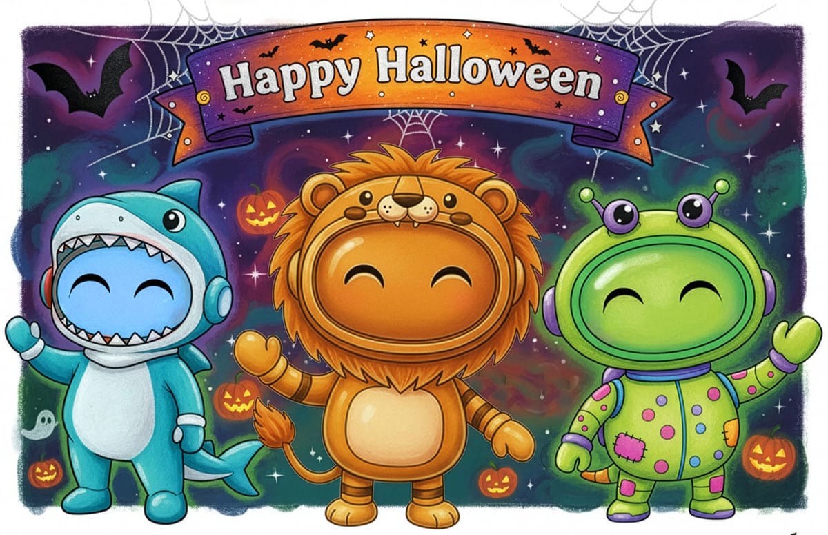 ELI the robot in a shark, lion or space alien costumes for Halloween