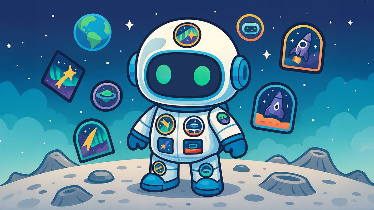 Cartoon depiction of ELI the robot on the moon wearing a space suit covered in little patches