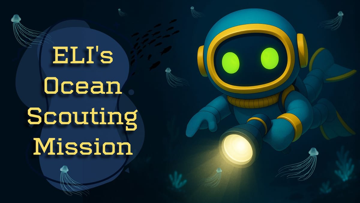 ELI the robot scuba diving while holding a flashlight. Jellyfish swim around.