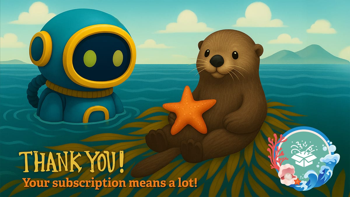 ELI the robot diving in a kelp bed with a sea otter holding a starfish