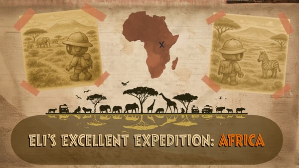 Blog header for robot ELI scouting out Africa for a science station. Map of Africa and silhouettes of elephants, giraffes and jeeps.