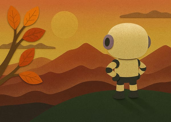 Robot looking out into the horizon, the mountains in the distance. Autumn leaves in the foreground.
