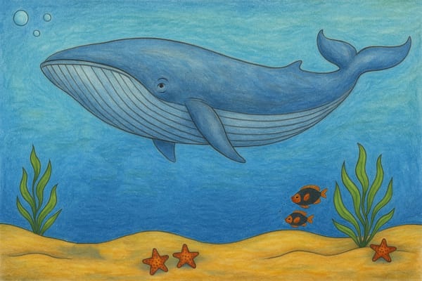 Colored pencil drawing of a blue whale