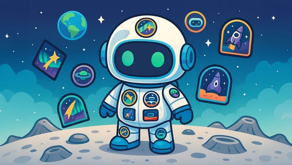 Cartoon depiction of ELI the robot on the moon wearing a space suit covered in little patches