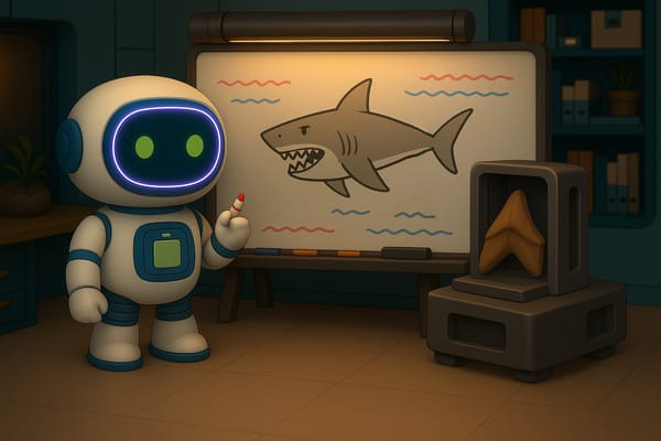 ELI the robot at a whiteboard drawing a prehistoric shark, with a 3d printer printing a replica of a giant fossilized shark tooth