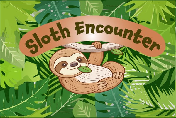 A sloth hanging from a tree branch in a lush jungle background